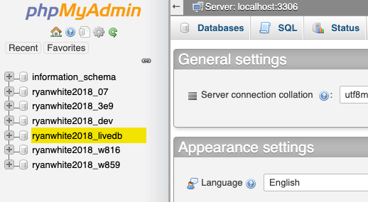phpMyAdmin List of Databases