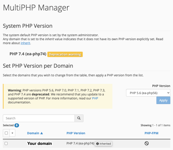 cPanel MultiPHP Manager